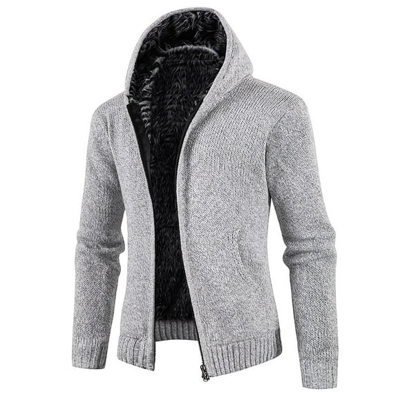 Mens Jacket Sweater Fleece Thick Zip Up Hooded Knit Mens Fall And Winter Clothing,GY1,L