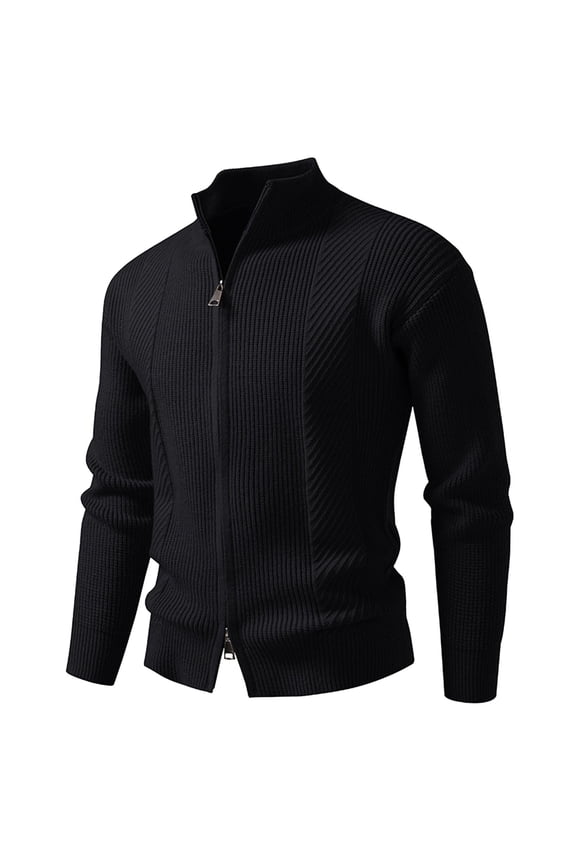 Mens Jacket Sweater Ribbed Textured Knit Stand Collar Long Sleeve Mens Warm Clothes,Black,2XL
