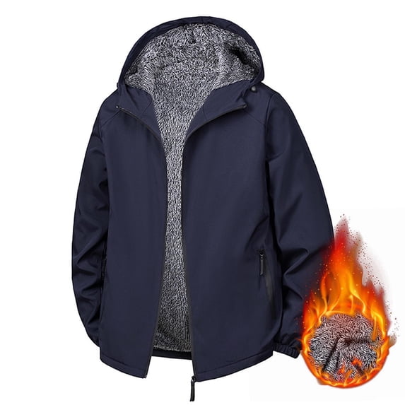Mens Jacket Winter Jackets for Men Plus Size Windproof Hooded Outdoor Fleece Lined Coats with Hidden Pocket Hiking Full Zip Drawstring Warm Zipper Pockets Coat Casual Stylish Outerwear
