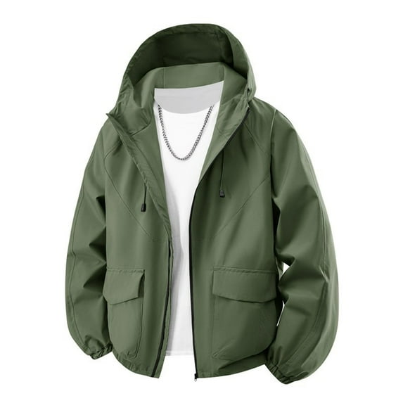 Mens Jacket Winter Plain Long Sleeve Green Windbreaker Jacket Zip Up Hood Casual Clothes for Men