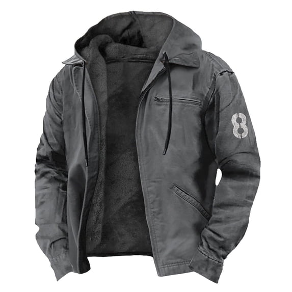 Mens Jacket Winter Vintage Solid Color Zip Up Warm Fleece Sherpa Lined Coats with Pockets Thermal Coat Dark Gray XS