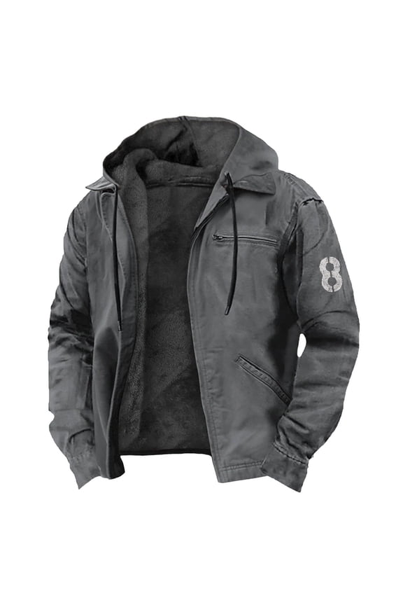 Mens Jacket Winter Vintage Solid Color Zip Up Warm Fleece Sherpa Lined Coats with Pockets Thermal Coat Dark Gray XXS