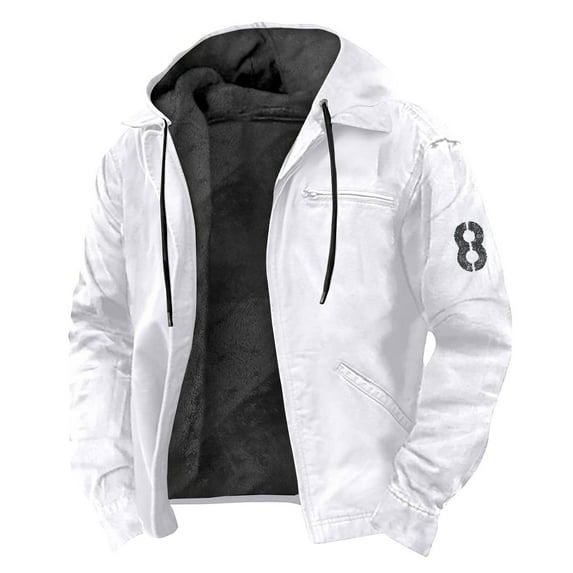 Mens Jacket Winter Vintage Solid Color Zip Up Warm Fleece Sherpa Lined Coats with Pockets Thermal Coat White XL