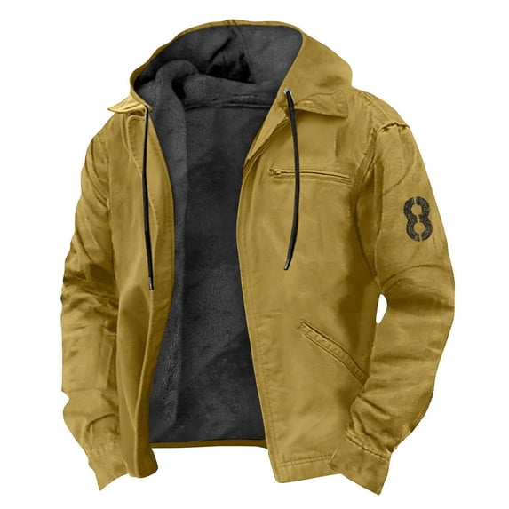 Mens Jacket Winter Vintage Solid Color Zip Up Warm Fleece Sherpa Lined Coats with Pockets Thermal Coat Yellow XS