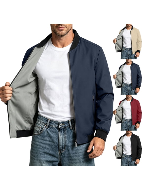 Mens Jackets Cameland Baseball Collar Jacket For Men Solid Color Casual Zip-Up Stand Collar Coat Windproof Baseball Jacket For Spring And Autu Red L