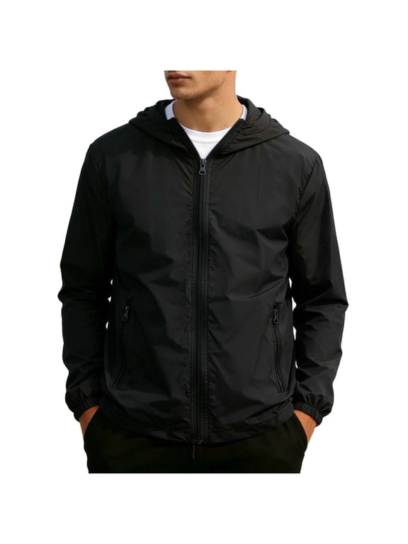 Mens Jackets Casual Fall New Mens Long Sleeve Full Zip Lightweight Coat Drawstring Hooded Sweatshirt Plus Size Jacket with Pockets Black XXL