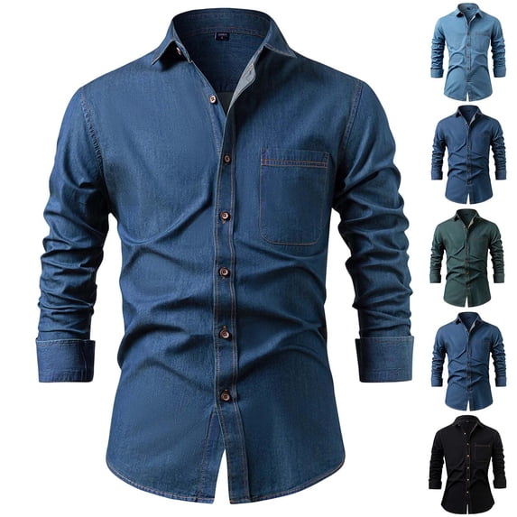 Mens Jackets Casual Stylish Denim Shirt Cotton Comfortable Jacket Solid Color Long Sleeved Lapel Collar Button Jacket with Pockets Business Casual Outsuit