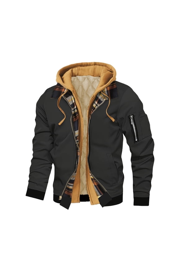 Mens Jackets Casual Stylish Fake Two-Piece Plaid Lining Hooded Jacket Warm Daily Utility Coat for Autumn & Winter Black XL