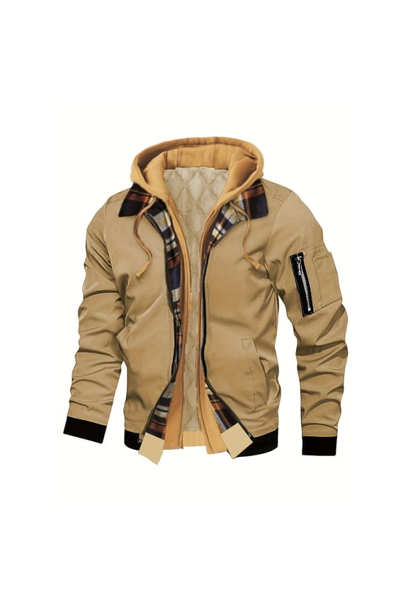Mens Jackets Casual Stylish Fake Two-Piece Plaid Lining Hooded Jacket Warm Daily Utility Coat for Autumn & Winter Khaki M