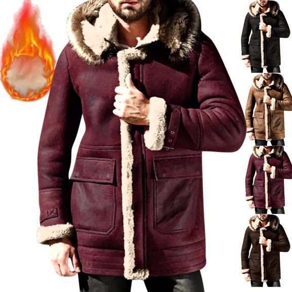Mens Jackets Casual Stylish Mens Winter Jacket with Hood Plus Size Zip up Sherpa Fleece Lined Warm Coats with Pocket Loose Casual Long Sleeve Trendy Jackets Travel Thermal Outerwear