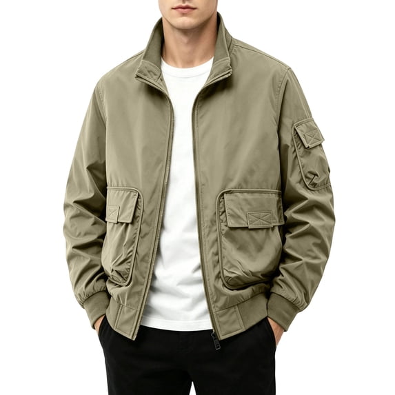 Mens Jackets Casual Stylish Solid Color Stand Up Collar Zip Outerwear Jacket with Pockets Outdoor Loose Long Sleeve Business Commute Jackets