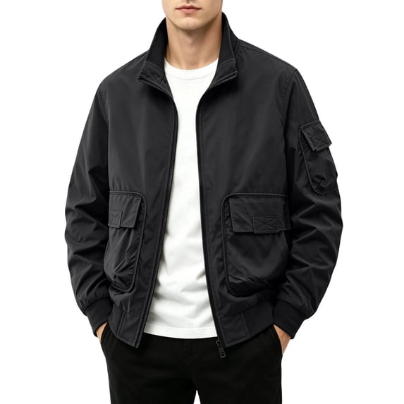 Mens Jackets Casual Stylish Solid Color Stand Up Collar Zip Outerwear Jacket with Pockets Outdoor Loose Long Sleeve Business Commute Jackets