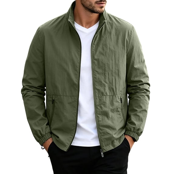 Mens Jackets Casual Stylish Solid Color Stand Up Collar Zip Outerwear Jacket with Pockets Outdoor Loose Long Sleeve Business Commute Jackets