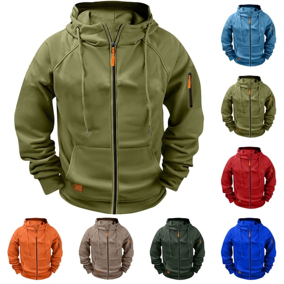 Mens Jackets Dqueduo Men's Cargo Solid Color Multi Pocket Sports Fitness Training Raglan Long Sleeve Hooded Casual Jacket, Sizes S-4XL Green XL
