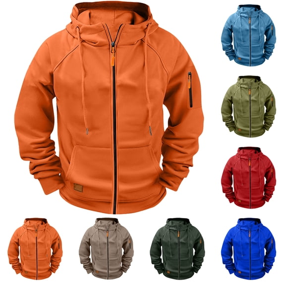 Mens Jackets Dqueduo Men's Cargo Solid Color Multi Pocket Sports Fitness Training Raglan Long Sleeve Hooded Casual Jacket, Sizes S-4XL Orange S