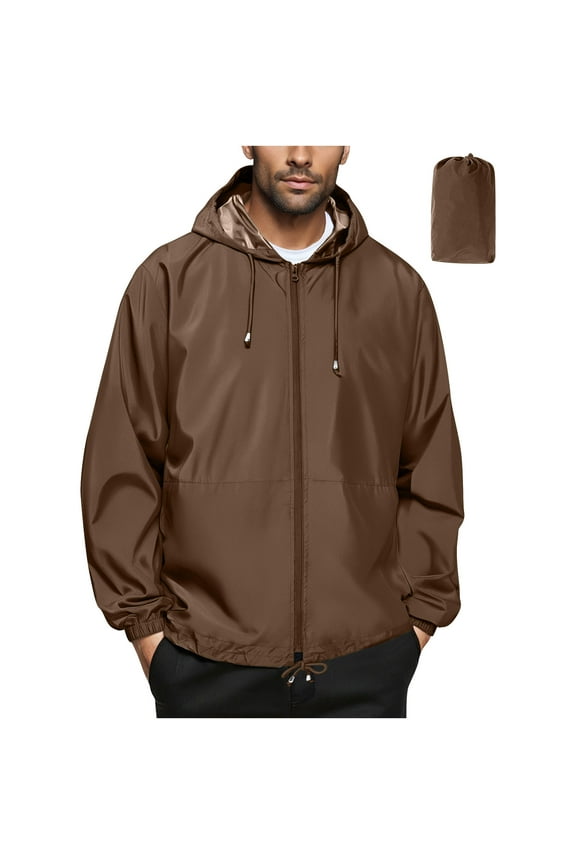 Mens Jackets Dressy Casual New Waterproof Jacket for Men Lightweight Raincoat Packable Hooded Windbreaker with Pockets for Hiking Travel Brown XL