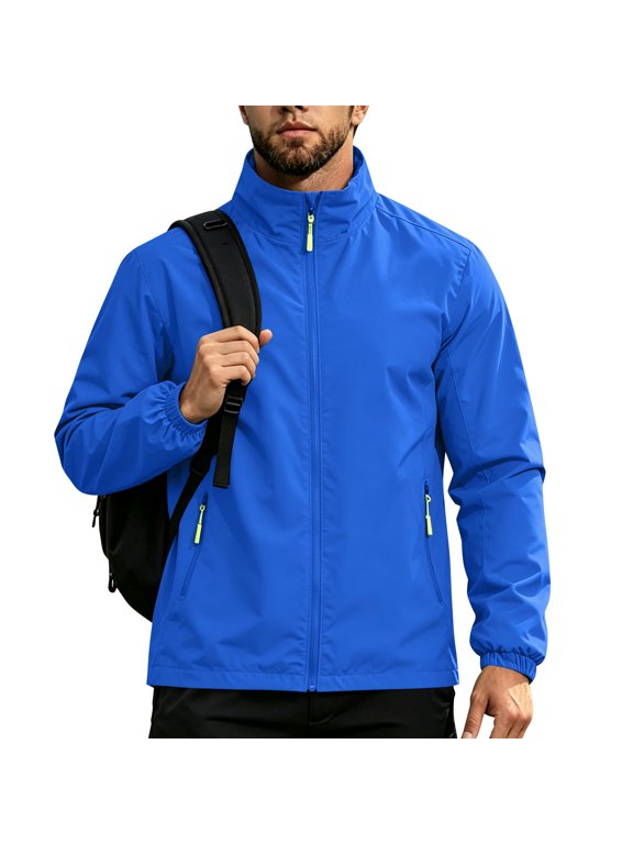 Mens Jackets Lightweight Long Sleeve Zip Up Hiking Thermal Rain Jackets Lapel Windbreaker Cozy Fall Outdoor Fashion Coats with Pockets Royal Blue S