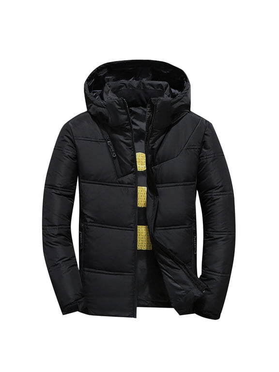 Mens Jackets Men Winter Casual Solid Hooded Zipper Pockets Long Sleeve Cardigan Eiderdown Coat Jackets Mens Lightweight Jackets Mens Jackets Casual Stylish Mens Coats Men's Winter Coats