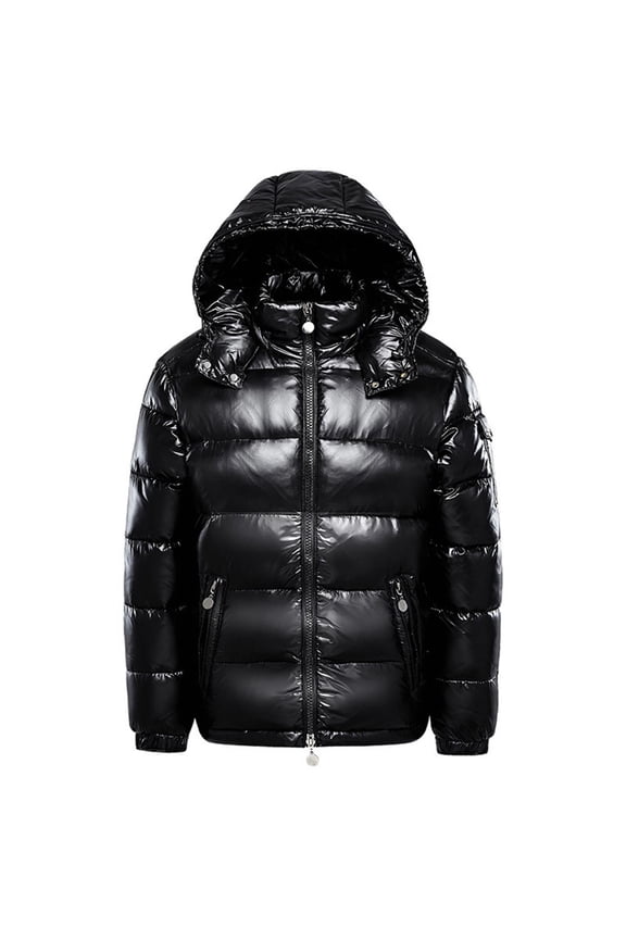Mens Jackets Men's Thermal Shiny Hooded Puffer Jacket Winter Coats Water Resistant Down Coats Insulated Padded Puffy Coat Mens Coats and Jackets XL Black