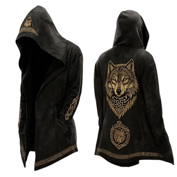 Mens Jackets Norse Mythology Jacket Long Sleeve Motorcycle Jacket Relaxed Fit Streetwear Hooded Cardigan Coat Black M
