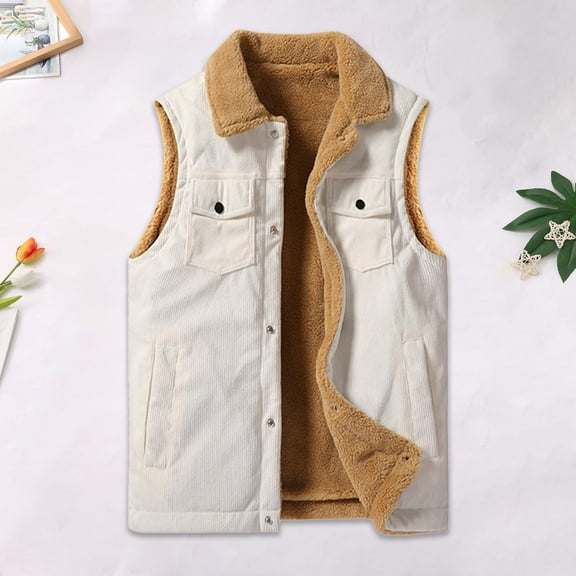 Mens Jackets Sleeveless Jacket Corduroy Fleece-Lined Casual Padded Pocket Buttoned Coat Coats for Men