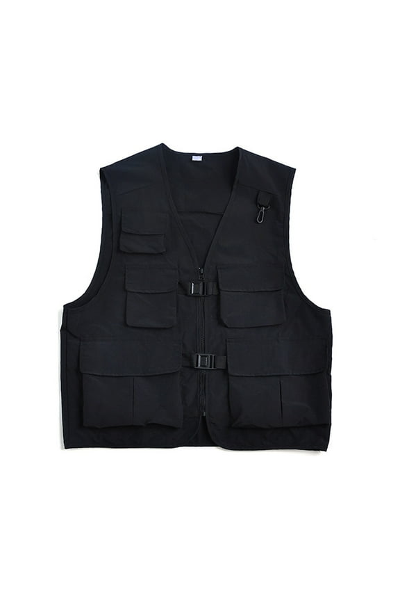 Mens Jackets Sleeveless V Neck Zip Up Streetwear Cargo Vest with Pockets Jacket