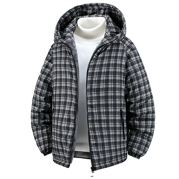 Mens Jackets Winter Lined Thickened Loose Fit Outdoor Casual Style Plaid Print Jacket Zip Up Long Sleeve Warm Outerwear Comfortable Coat Casual Jackets for Men
