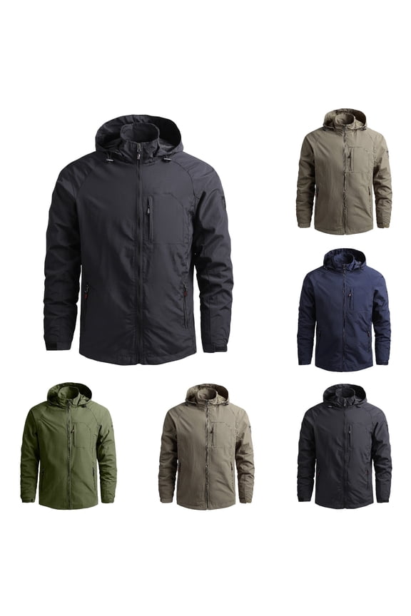 Mens Jackets Zip Up Waterproof Detachable Hooded Jacket Lightweight Long Sleeve Outdoor Coat Classic Fit Men's Jacket