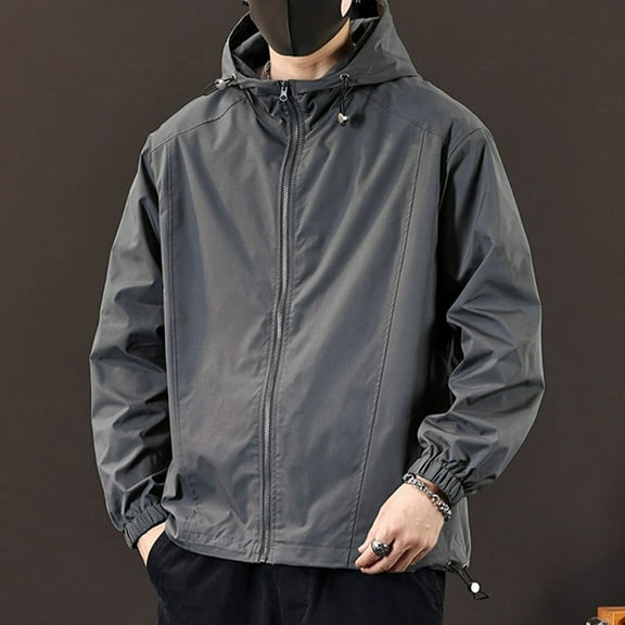 Mens Jackets with Pockets and Hood Lightweight Zip Up Long Sleeve Coats Casual Solid Color Breathable Windbreaker Hiking Fishing Outerwear Jacket