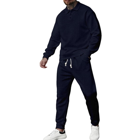 Mens Jacquard 2 Pieces Sets Sweatsuits Lapel Long Sleeve Pullover Sweater Blouses Athletic Stretch Button Down Shirts Tops Lounge Baggy Relaxed Fit Sweatpant Lace-Up Elastic Waist Pants