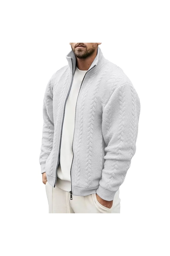 Mens Jacquard Cardigan Full Zip Up Stand Collar Business Casual Jacket for Daily Travel Wear with 2 Front Pockets