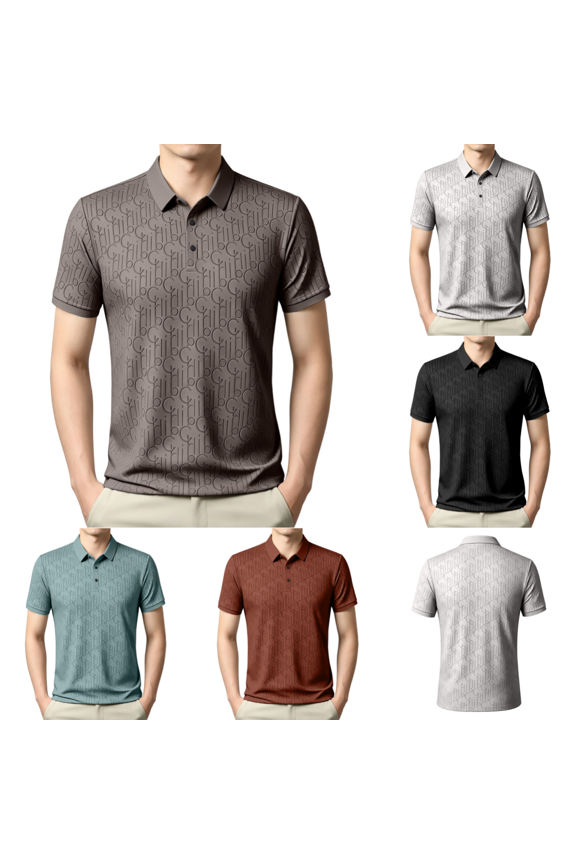 Mens Jacquard Collared Polo Tee, All Over Hidden Letter Short Sleeve 3 Button Placket Shirt Lightweight Breathable Summer Golf Shirt Brown XL