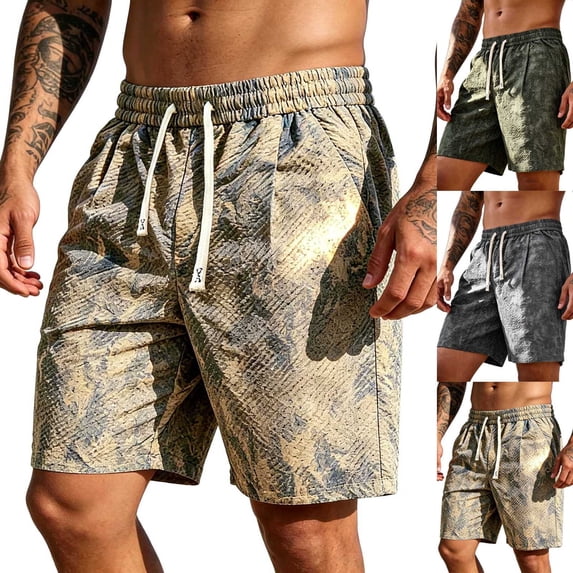 Mens Jacquard Lounge Shorts 8" Inseam Straight Leg Casual Above Knee Length Short Pants Elastic Waist Drawstring Pockets for Daily