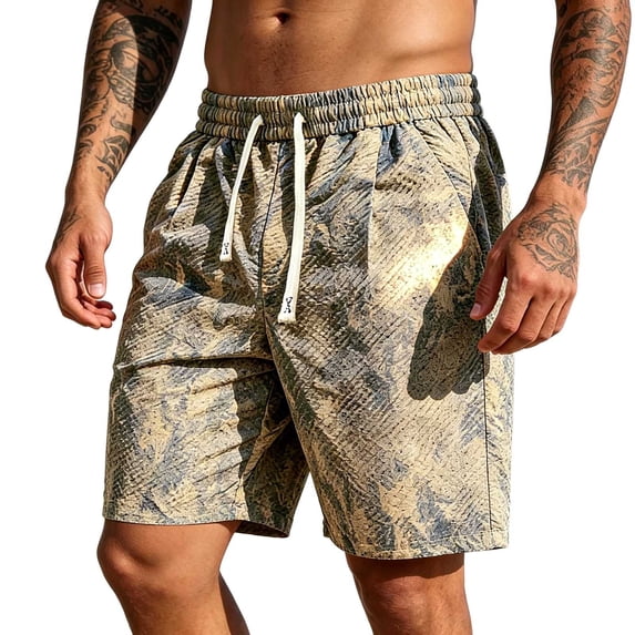 Mens Jacquard Lounge Shorts 8" Inseam Straight Leg Casual Above Knee Length Short Pants Elastic Waist Drawstring Pockets for Daily