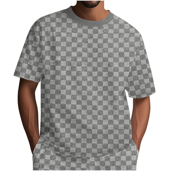Mens Jacquard Short Sleeve T-Shirts Checkerboard Tee Casual Crew Neck Stretch Loose Fit Tops Summer Fashion Streetwear Beach Vacation Father's Day Gift