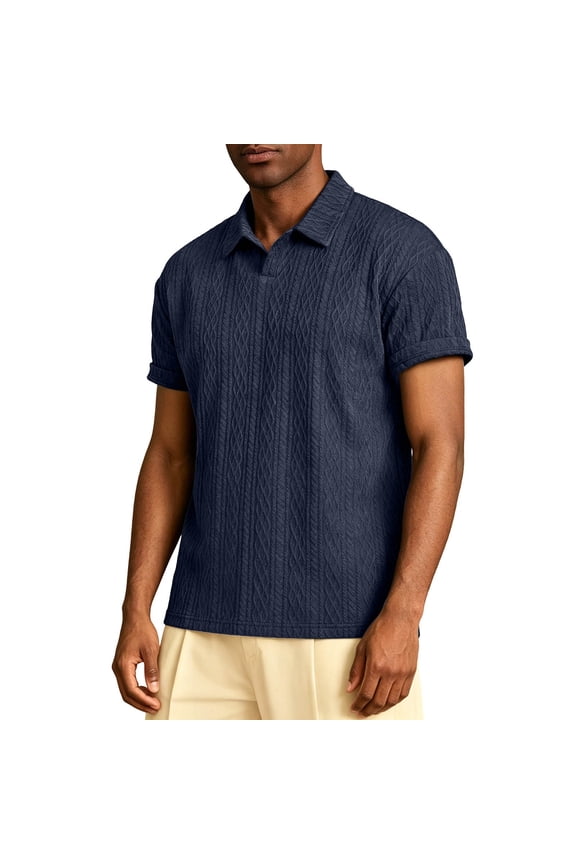 Mens Jacquard Texture Polo Shirts Short Sleeve V Neck Shirt Casual Golf Shirts Stylish Old Money Tops Big and Tall Size M-4XL Navy
