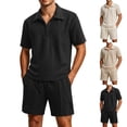 thumbnail image 1 of Mens Jacquard Textured 2 Piece Short Set Summer Outfits Zipper Polo Shirt and Shorts Set Tracksuits Set Short Sleeve and Shorts Set for Men Black, 1 of 6