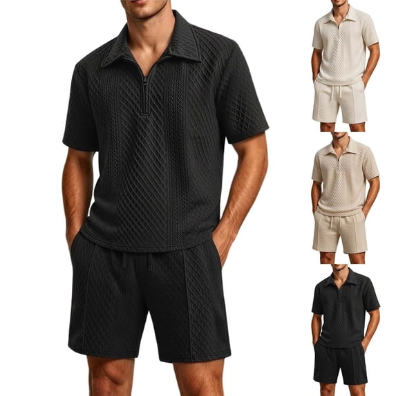 Mens Jacquard Textured 2 Piece Short Set Summer Outfits Zipper Polo Shirt and Shorts Set Tracksuits Set Short Sleeve and Shorts Set for Men Black