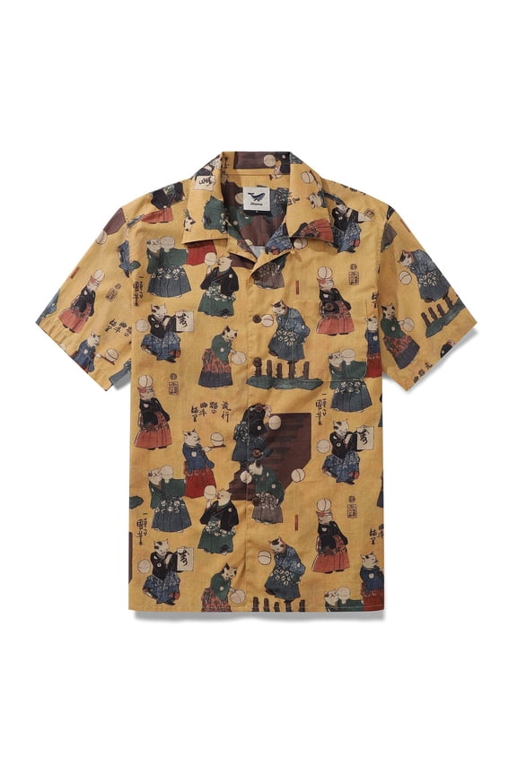 Mens Japanese Hawaiian Shirt The Cat that Kicked Cuju Cotton Camp Collar Short Sleeve Aloha Shirt