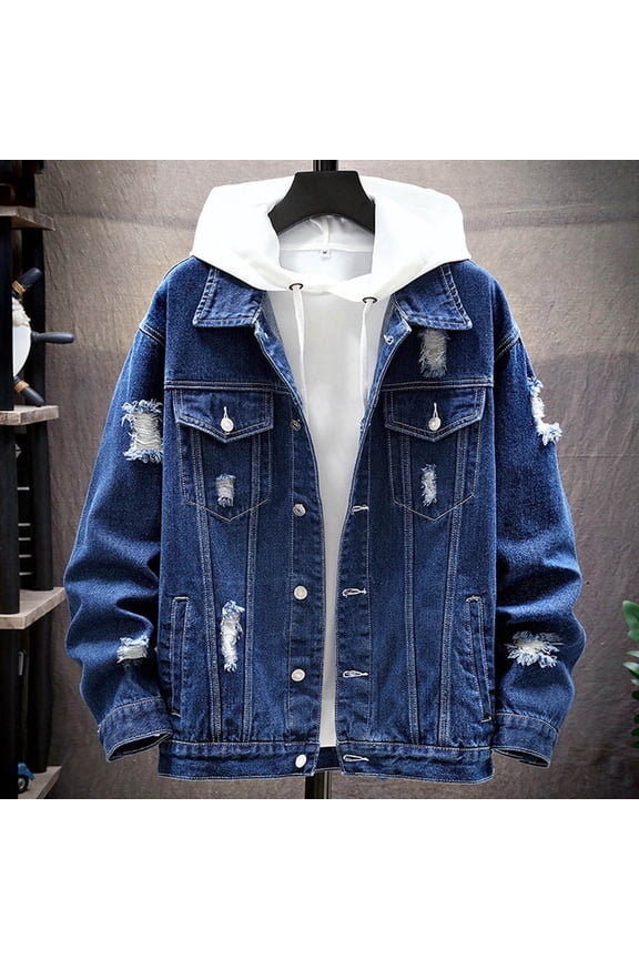Mens Jean Jacket Casual Slim Fit Ripped Trucker Cowboy Coat Button Down Denim Coat (Dark Blue M)