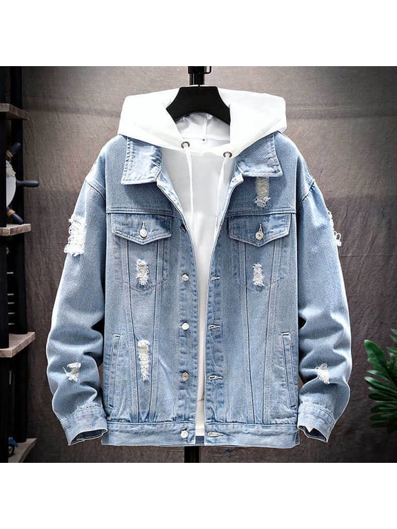 Mens Jean Jacket Casual Slim Fit Ripped Trucker Cowboy Coat Button Down Denim Coat (Light Blue XL)