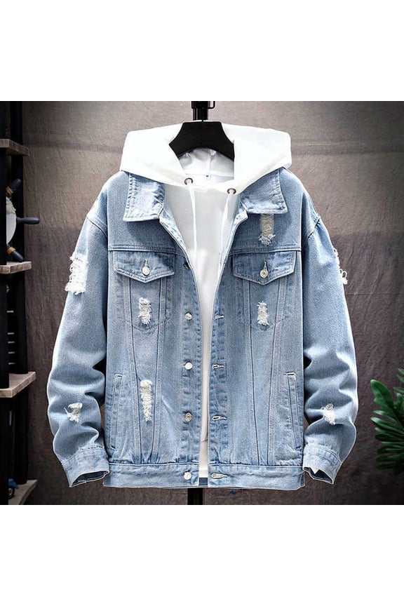 Mens Jean Jacket Casual Slim Fit Ripped Trucker Cowboy Coat Button Down Denim Coat (Light Blue XXL)