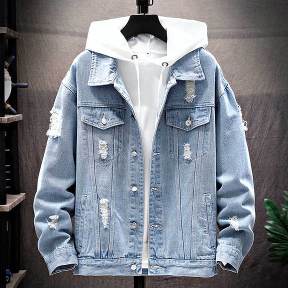 Mens Jean Jacket Casual Slim Fit Ripped Trucker Cowboy Coat Button Down Denim Coat (Light Blue XXXL)