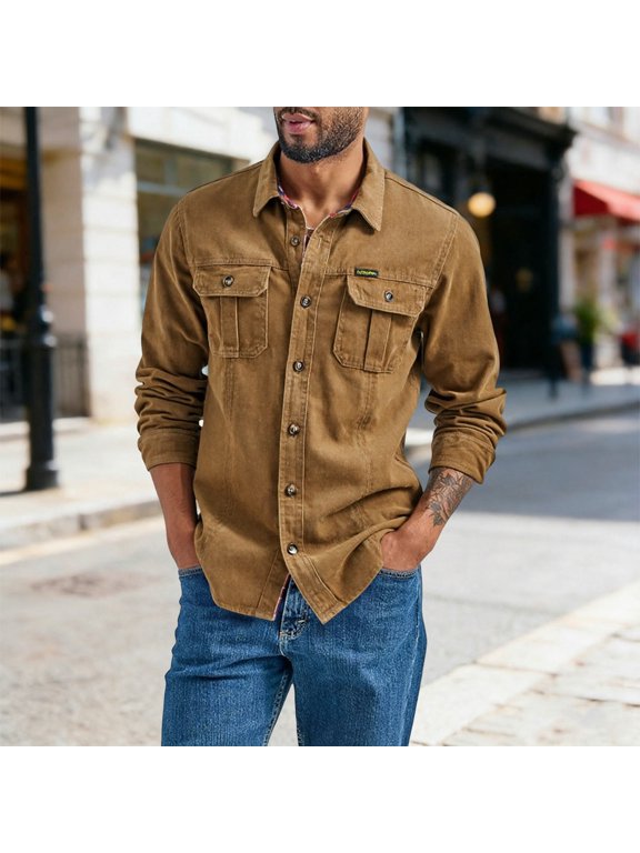 Mens Jean Jacket Ripped Lapel Collar Button Front Distressed Long Sleeve Warm Coat