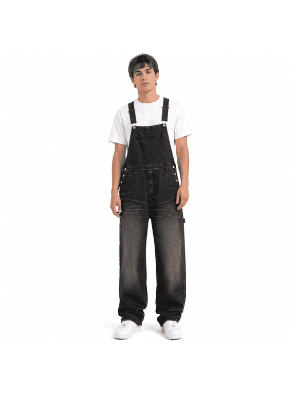 Mens Jean Overalls Baggy Loose Fit Vintage Washed Denim Bib Overalls with Adjustable Straps Distressed Wide Leg Retro Streetwear Casual Daily Jumpsuit for Men