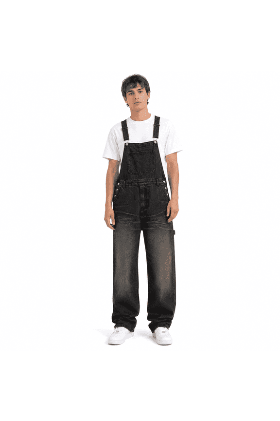 Mens Jean Overalls Baggy Loose Fit Vintage Washed Denim Bib Overalls with Adjustable Straps Distressed Wide Leg Retro Streetwear Casual Daily Jumpsuit for Men