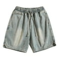 thumbnail image 1 of Mens Jean Shorts Distressed Drawstring Elastic Waist Denim Bermuda Shorts with Pockets Casual Vintage Summer Men's Denim Shorts, 1 of 7