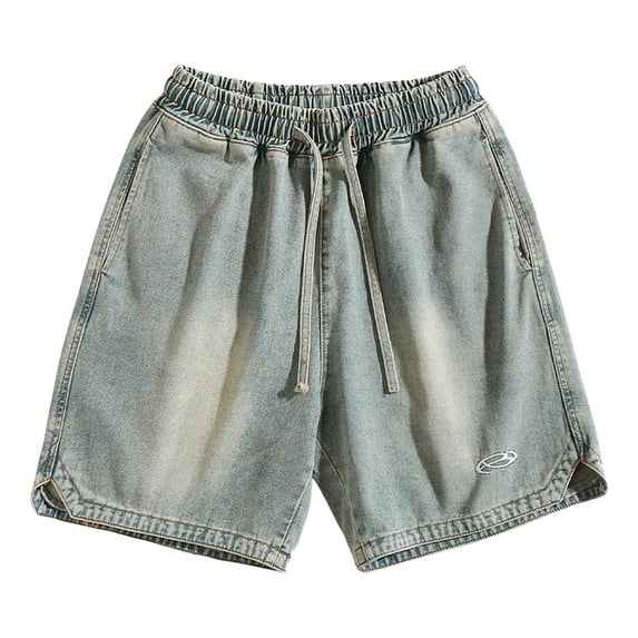 Mens Jean Shorts Distressed Drawstring Elastic Waist Denim Bermuda Shorts with Pockets Casual Vintage Summer Men's Denim Shorts