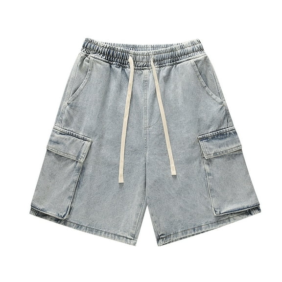Mens Jean Shorts Drawstring Elastic Waist Loose Fit Casual Cargo Jeans Shorts Summer Solid Color Mens Denim Shorts