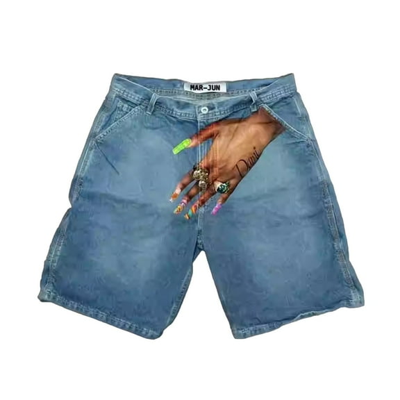 Mens Jean Shorts Summer Finger Print Button Denim Bermuda Shorts with Pockets Relaxed Holiday Slim Fit Lightweight Leisure Men Denim Shorts